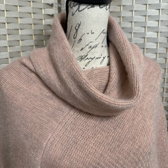 Chico’s Cozy Stripe Cowl Neck Poncho O/S Mellow Rose Pink Metallic Fringed NEW - Picture 5 of 9